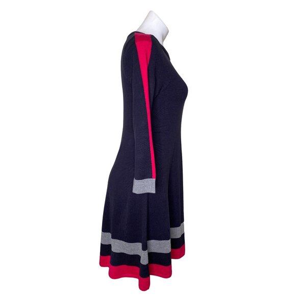 Vince Camuto NWT $128 Knit Fit & Flare Dress, Navy Red Gray Striped Trim Size S - Picture 3 of 8